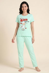 Zivame Farm Lore Knit Cotton Pyjama Set - Honey Dew — thumbnail 2